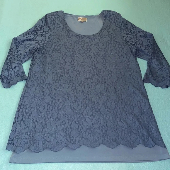 JM COLLECTION floral lace lined tunic stretchy periwinkle blouse top NEW size L - Picture 1 of 8